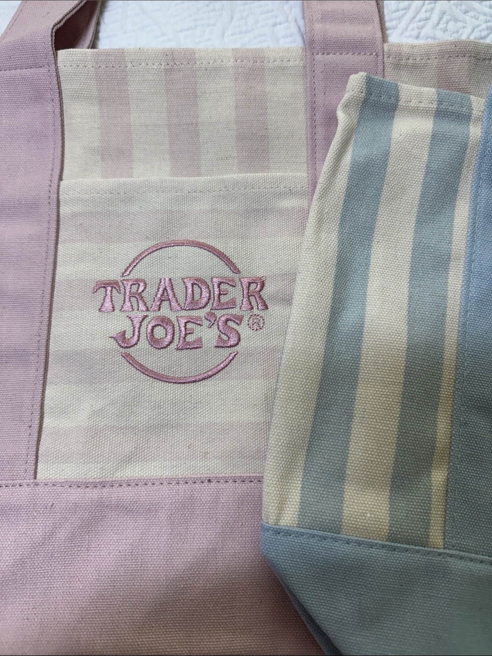 Trader Joe's NEW MINIs Pink and BLue Stripe and Blue Strip Canvas Tote Bags - Picture 4 of 6